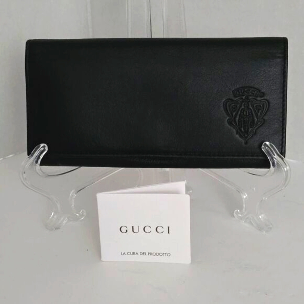 Gucci Embossed Logo Black Leather Bifold Long Wallet